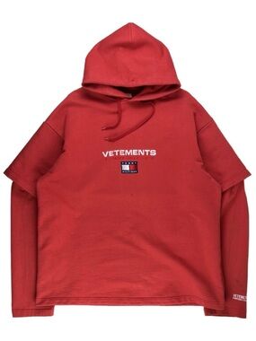 Vetements Red Layered Hooded Sweatshirt with Logo Patch